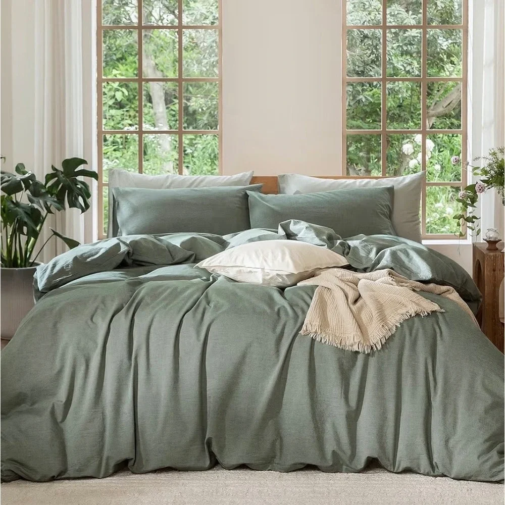 MooMee King Duvet Cover Heathered Green 100% Washed Cotton Linen Like Textured